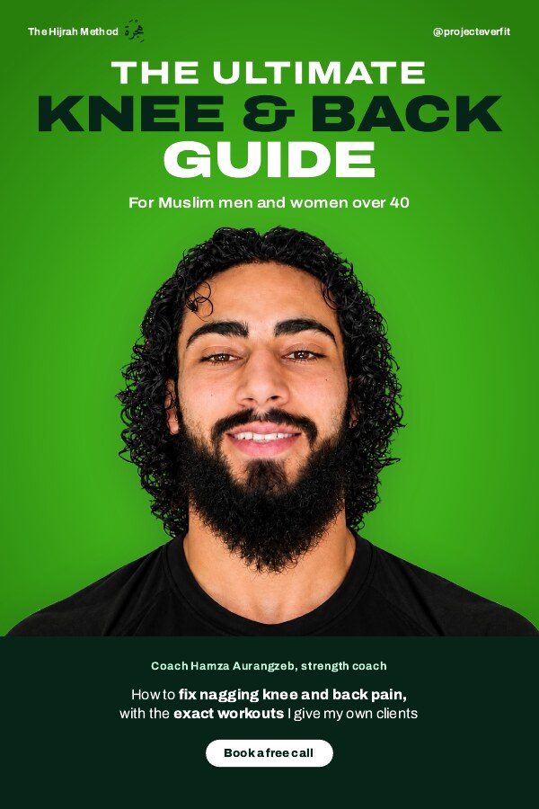 The cover of The Ultimate Knee and Back Guide, with Coach Hamza on a green background